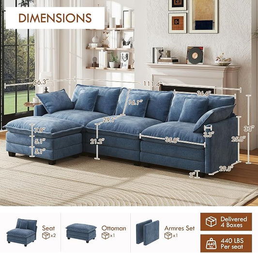 WorthFurni 111.4” Cloud Couch, Modular Sectional Sofa with Ottoman, Comfy Modern 3-Seater Couches with Pillows & Upholstered Deep Seat Cushion for Apartment Living Room Bedroom (Blue)