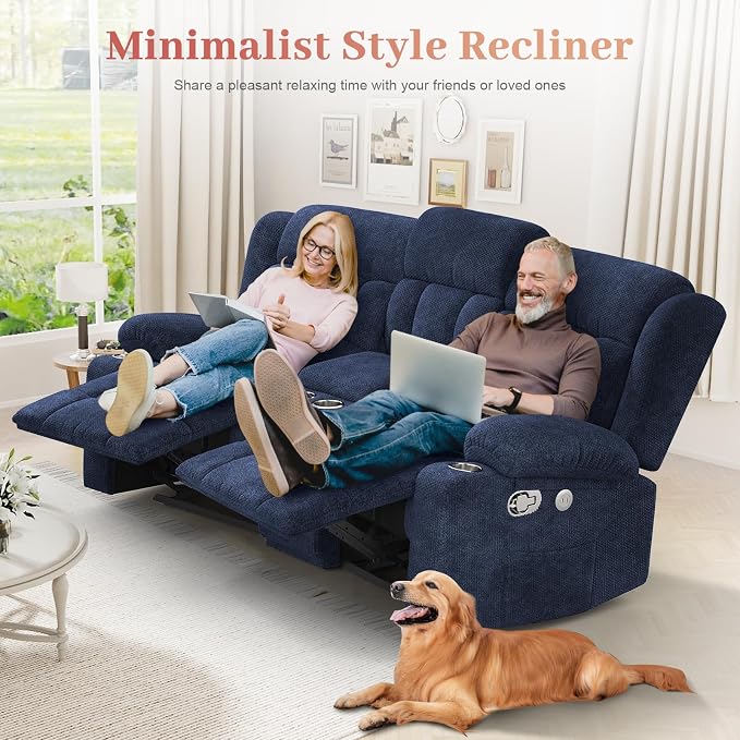 Recliner Sofa Set with 2+1 Pieces, Fabric Manual Pull Tab Reclining Loveseat with Storage Console, Single Recliner Chair for Living Room, RV, Blue