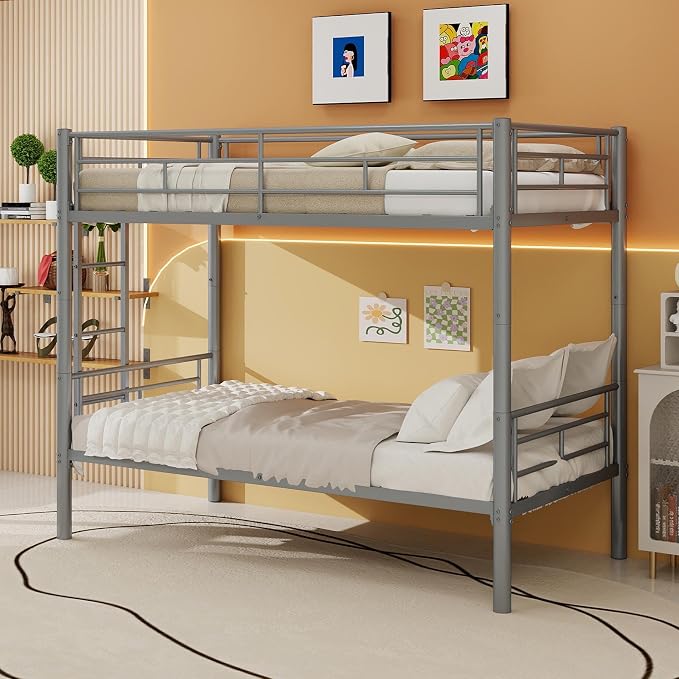 HRVEOCEI 2-Way Convertible Twin Over Twin Bunk Bed with Guardrail & Ladders, Metal Low Bunkbed for Kids Boys Girls, Heavy Duty, No Box Spring Needed, Space-Saving (Silver, No Trundle)
