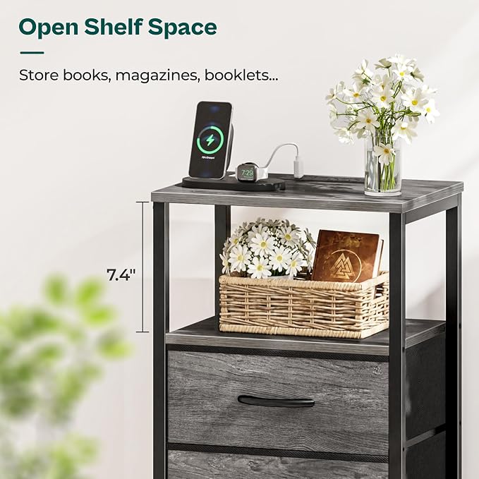 Huuger Nightstand with Charging Station, Fabric Drawers, End Table with Open Shelf, Bedside Table with USB Ports and Outlets, Night Stand for Bedroom, Gray