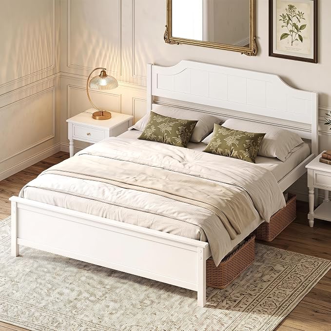 Giantex Queen Size Wooden Bed Frame with Headboard, Wood Slat Support | Farmhouse Platform Bed with Heavy Duty Mattress Foundation, Under-Bed Storage, No Box Spring Needed, Easy Assembly (White)