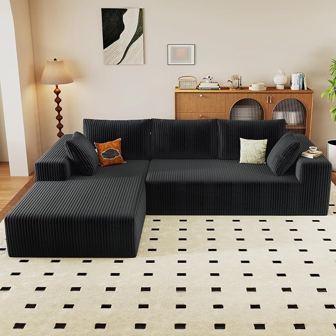 96" Modular Sectional Sofa, Modern Corduroy Cloud Couch with Deep Seat, Boneless Couch Upholstered 3-Seater L-Shaped Sofa for Living Room, No Assembly Required (Black, Left-Facing Chaise)