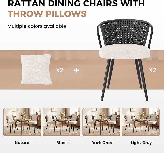Rattan Dining Chairs Set of 2, Upholstered Kitchen Chair with Metal Legs, Ergonomic Curved Backrest, Mid Century Modern Living Room Chairs with Throw Pillow, Black