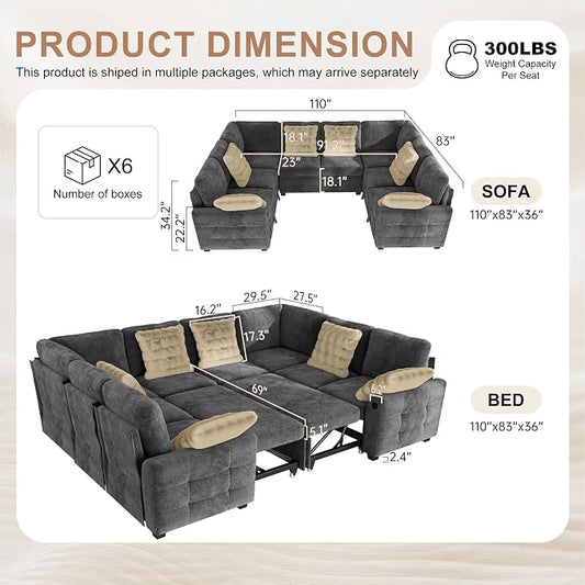 Hanherry Sectional Couch with Pull Out Sofa Bed,Chenille Sleeper Sofa with 2 Seat Storage & USB Charging,Comfy L Shaped Modular Couches for Living Room,Apartment