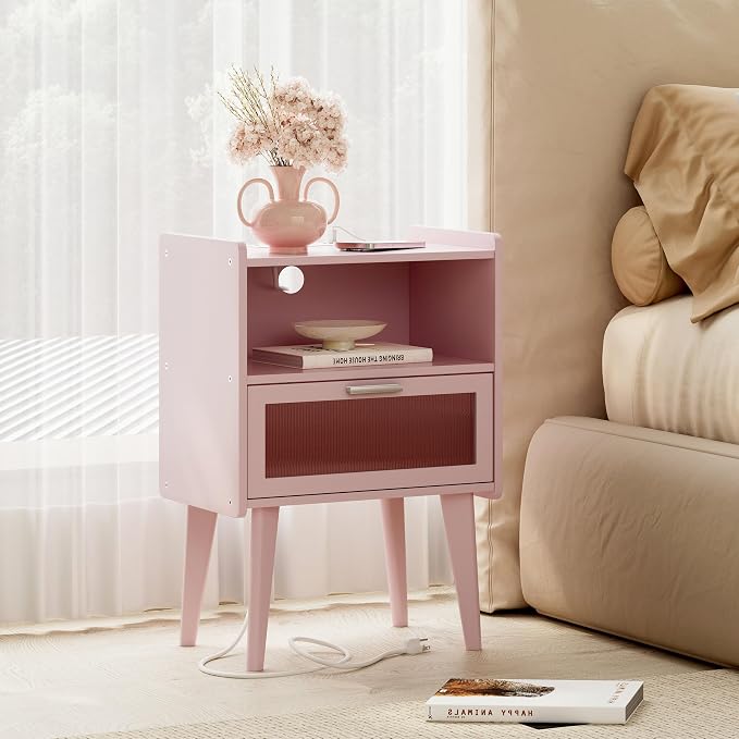 MMEOLUOOK Nightstand with Charging Station, Bedside Tables Pink End Table Side Table with 2 Tiers Storage Space, for Bedroom Living Room MLBZ07PE