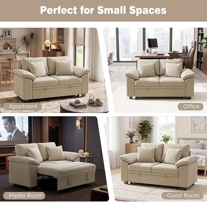 Ihanherry 61" Loveseat Sleeper Sofa, 2-in-1 Pull Out Couch Bed with 2 Pillows, Chenille Convertible Sofa Bed, Small Space Sleeper Couch for Living Room Apartment (Sand)