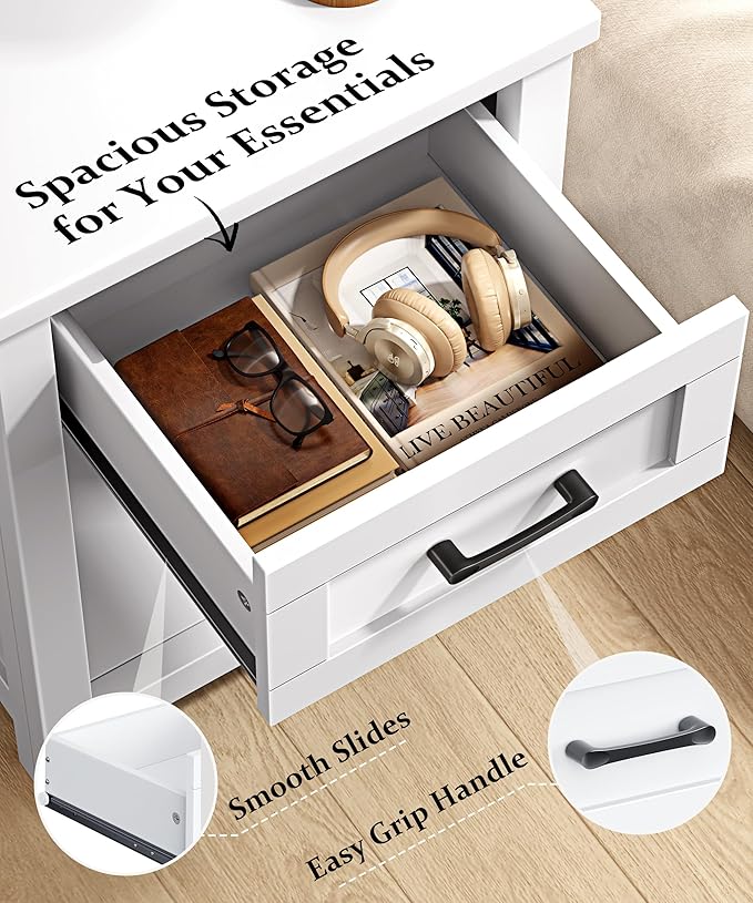 Decofy Farmhouse Nightstand with Charging Station & Large Storage, Set of 2 Modern End Tables with Outlets, USB Ports and Type-C Ports, Easy Assembly for Bedroom (Pure White)