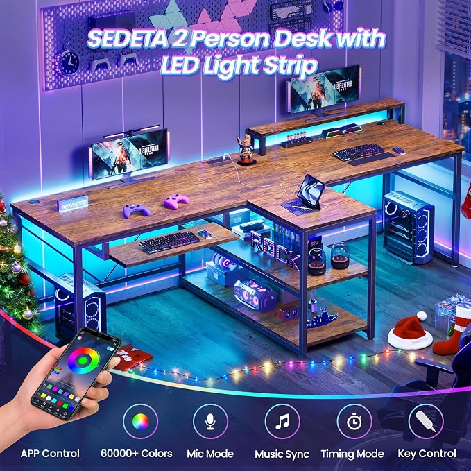 SEDETA 94.5" Home Office Desks, Computer Gaming Desk with Storage, LED Lights, Power Strip with USB, Keyboard Tray & Monitor Stand, Extra Long Double Desk for 2 Person, Rustic Brown