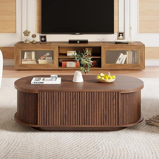 HSH 47" Oval Coffee Table with Storage, Walnut Coffee Table for Living Room | Modern Center Table with Press Type Door, Fluted Living Room Tables with 2 Flip-Top Hidden Lids, Wood Table