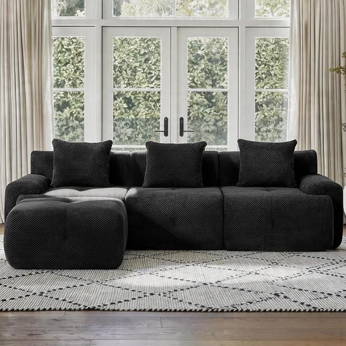 104" Cloud Couch Sectional with Ottoman, L-Shaped Boneless Sofa, Modern Modular Couch, Pineapple Grid Fabric with Foam & Spring Filling for Living Room, No Assembly Required (Black)