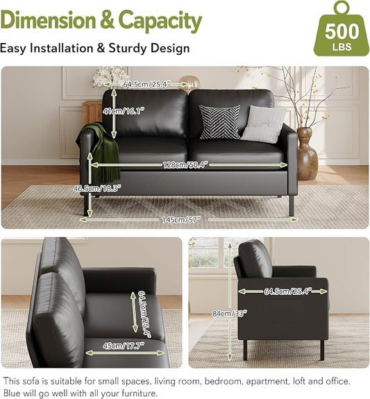 STHOUYN 56" W Faux Leather Loveseat w/ 2 USB, Black Love Seat w/Side Pockets, Small Loveseat for Small Space, Leather Couch for Bedroom, Apartment, Dorm, Black