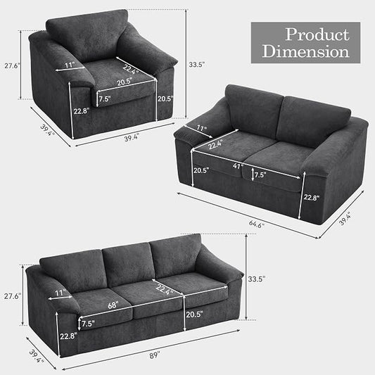 Oversized Boneless Couch Sets, Modern 3 Seater Sofa, Loveseat Sofa with Accent Chair, Floor Cloud Couch Sets with Extra Comfy Soft Deep Seats for Living Room, No Assemby, Set of 3, Dark Gray