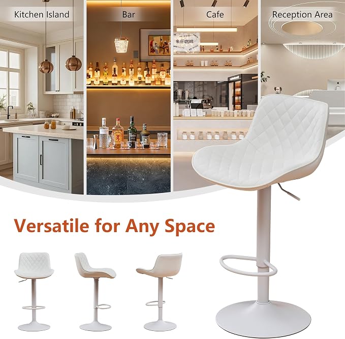 YOUTASTE All White Bar Stools Set of 2, Upholstered Counter Height Bar Stool, Adjustable Swivel Faux Leather Barstools, with Padded Back, Metal Base, Kitchen Chairs for Home Island