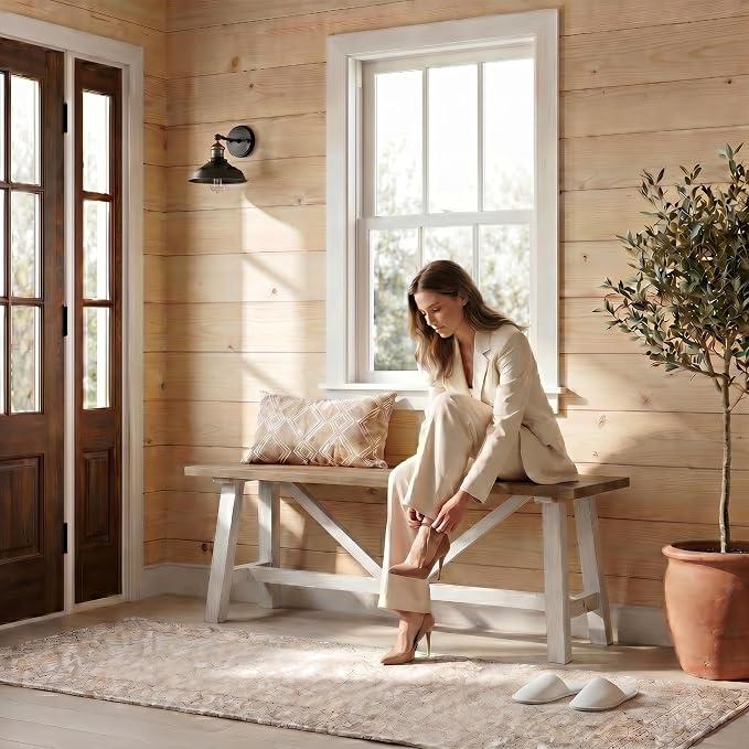 Wnutrees 43" Farmhouse Solid Wood Bench, Narrow Long Seat for Entryway Living Room Dining Area, White