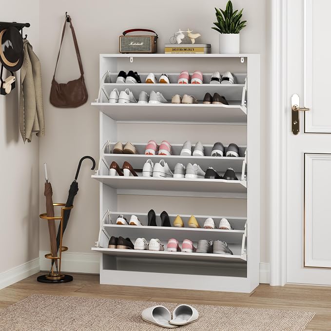 BORNOON Shoe Cabinet with 3 Flip Drawers, Hidden Wood Shoe Cabinet,Freestanding Shoe Storage Cabinet for Entryway Hallway.White. 47.2" H*31.5" W*9.45" D.