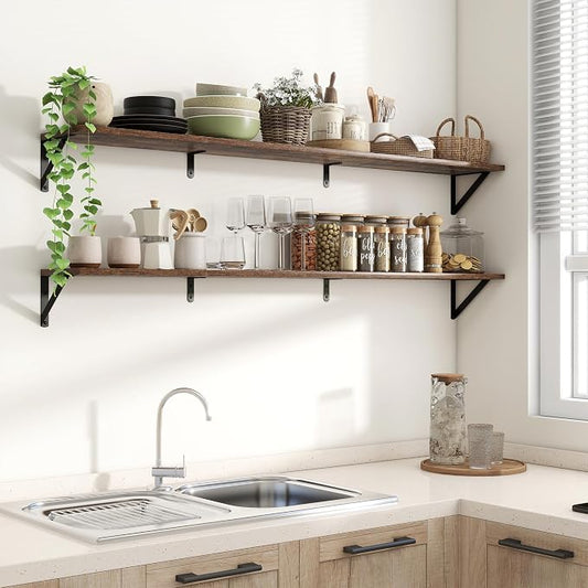 Axeman 55 Inch Floating Shelves | 8 Inch Deep Brown Wall Shelves Set of 2 | 55" W x 8" D Rustic Brown Wood Shelves for Bathroom Kitchen Living Room
