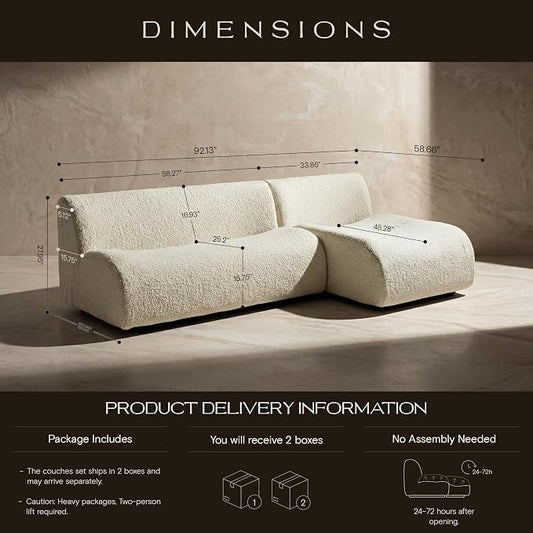 92" Curved Sectional Sofa with Chaise Set, Boneless 3-Seater Modular Couch, Reversible L-Shaped Couches with Deep Seat, Sherpa Sofas for Small Living Room, Bedroom, Apartment – No Assembly, White