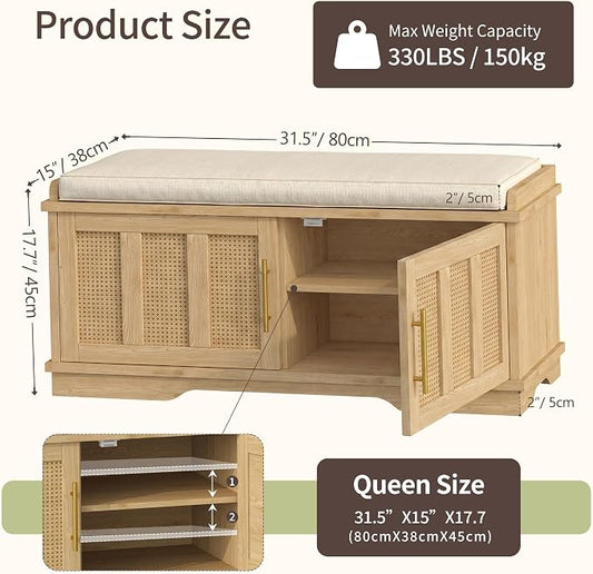 Heybly Shoe Cabinet with Bench, Rattan Entryway Storage Bench with Cushion, Shoe Storage Bench Cabinet with 2 Doors, Adjustable Shelves, Wooden Shoe Bench 31.5" for Living Room Bedroom Hallway HSB001N