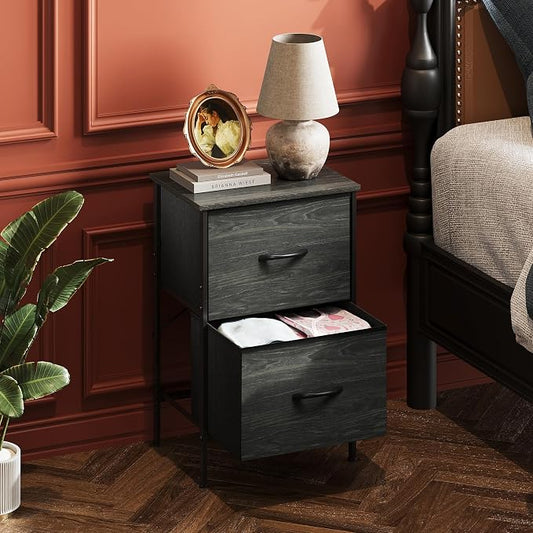 WLIVE Nightstand, Nightstand with 2 Drawers, Bedside Furniture, Night Stand, Small Dresser for Bedroom, College Dorm, End Table with Fabric Bins, Dormitory, Charcoal Black Wood Grain Print