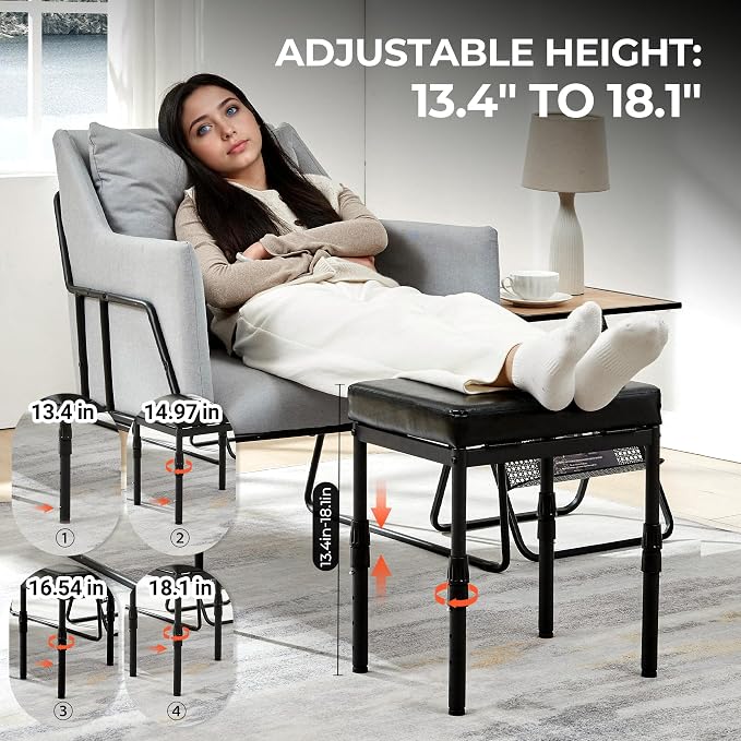 TIOPGHAD Adjustable Ottoman Pouf, 60 Degree Tilt, Brown Synthetic Leather | 4-Height Footrest, 28 Positions, Iron frame, Foam Cushion, 15.74 x 11.81 x 13.34 in, Under Desk, Living room, Home Office
