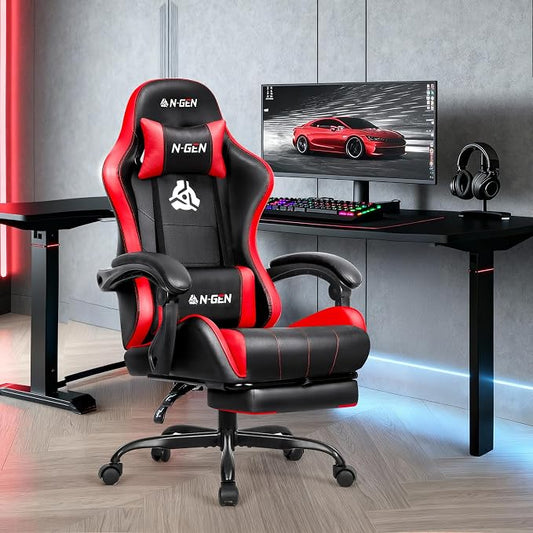 N-GEN GAMING Video Gaming Chair with Footrest Lumbar Support for Home Office High Back Recliner Height Adjustable Ergonomic Comfy Leather Computer Desk Chair (Red)
