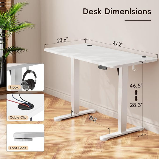 Monomi Electric Standing Desk, 47.2 Inch Height Adjustable Sit Stand Up Ergonomic Home Office Computer PC Desks, Gaming Writing Study Bedroom Rising Table, Tall Standup Workstation, White