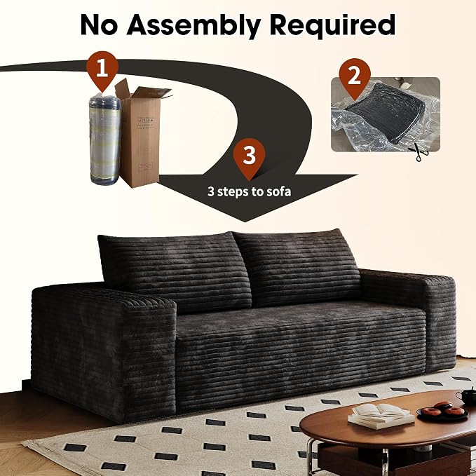 JINGLING 71" Small Couches for Small Spaces, Memory Foam loveseat Corduroy Couch in a Box, Compressed Boneless Sofa for Living Room Bedroom, Apartment Furniture, No Assembly Required, Black