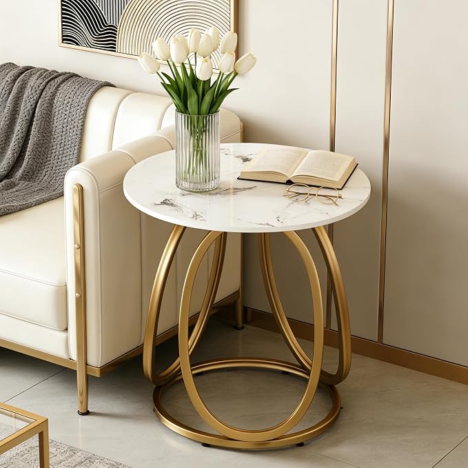 O&K FURNITURE Modern Gold Side Table, Round End Table with Sintered Stone Tabletop, Nightstand for Small Spaces, Bedroom, Home Office, 1PC