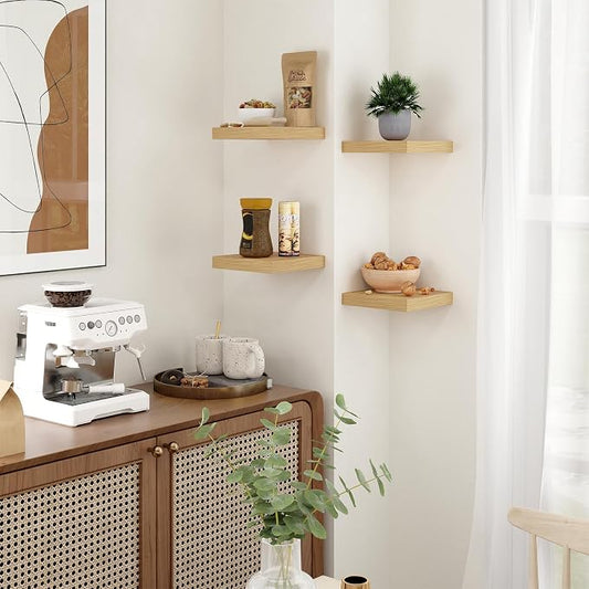 Fun Memories Floating Shelves for Wall - 7.5 Inch Square Shelves with Invisible Brackets, Small Wall Shelf for Living Room, Bathroom, Bedroom, and Kitchen Decor Oak Set of 3