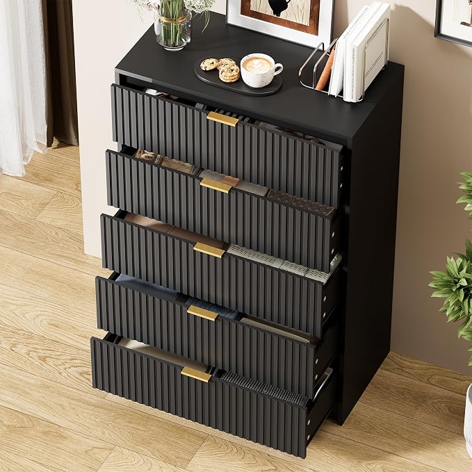 Furniway Black Dresser Bedroom Set 3 Pieces, Nightstands Sets of 2, 5 Drawer Dresser with Gold Handles for Bedroom