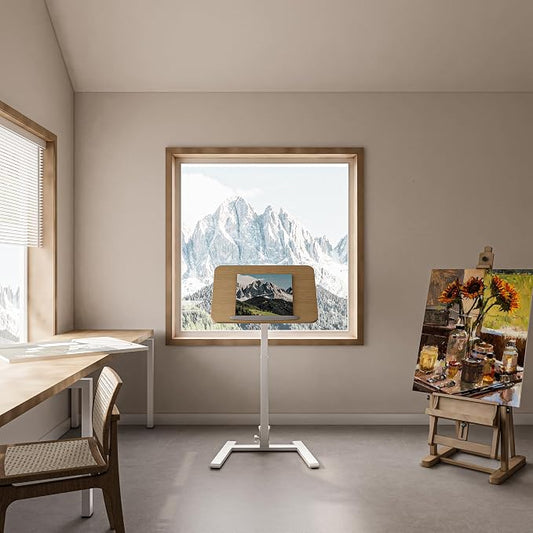 alawooder 25" Mobile Folding Desk: Pneumatic Sit-Stand, No Assembly | 29-42" Height Adjustable Rolling Laptop Desk, Hidden Wheels, 0-90° Tilt Top. Ideal for Home Office, Craft & Study.
