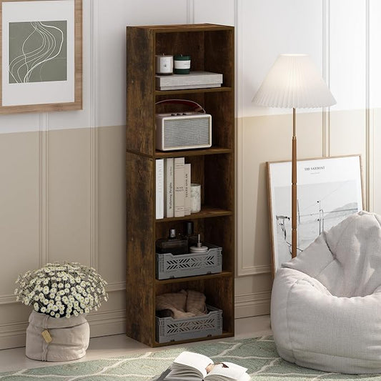 Furinno LUDER Book Shelf, 5-Tier Bookshelf, Bookcase with Open Shelves, 9.4 x 15.8 x 52, Easy Assembly, for Living Room, Bedroom, Home Office, Amber Pine