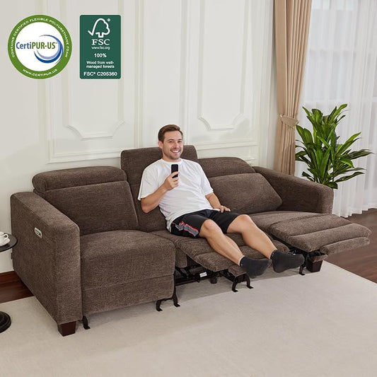 MCombo 88.6'' Reclining Sofa, Wall Hugger Power Recliner Sofa with Adjustable Headrest, USB A & C Charge Ports, Wood Legs, for Living Room (Fabric, HL198M3) (Coffee, 3-Seater)