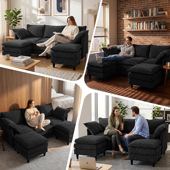3 Seater U-Shape Couch Sofa with Ottomans, 69" Small Couch Modern Comfy Cloud Sofa with 23" Deep Washable Pillow ChenilleCover Couches for Living Room Bedroom Apartment Office 69-Black-U