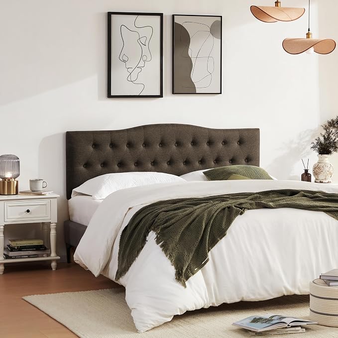 Tufted Headboard Full Size, Solid Wood Adjustable Height Head Board, Brown | Upholstered Full XL Headboard Only with Durable Solid Wood Legs, Adjustable Height 37-51 in, Fabric Button Diamond HeadBoards