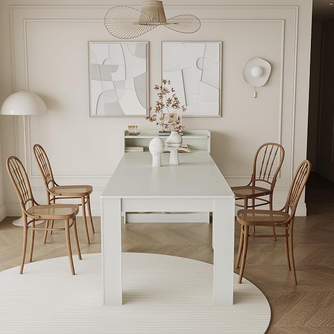 Transformer Dining Table, Extendable Console to Dining Table for 9, Folding Space Saving Dining Room Table Multipurpose Use, White