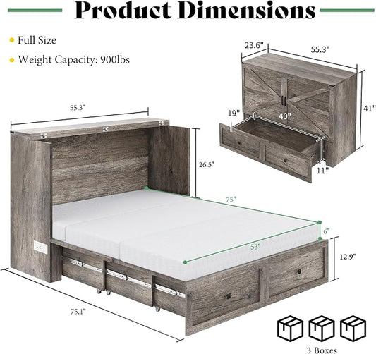 LUXOAK Full Murphy Bed with 6" White Tri-Fold Memory Foam Mattress, Storage Drawer & Charging Station, Space-Saving Design for Home Office or Guest Room, Rustic Grey