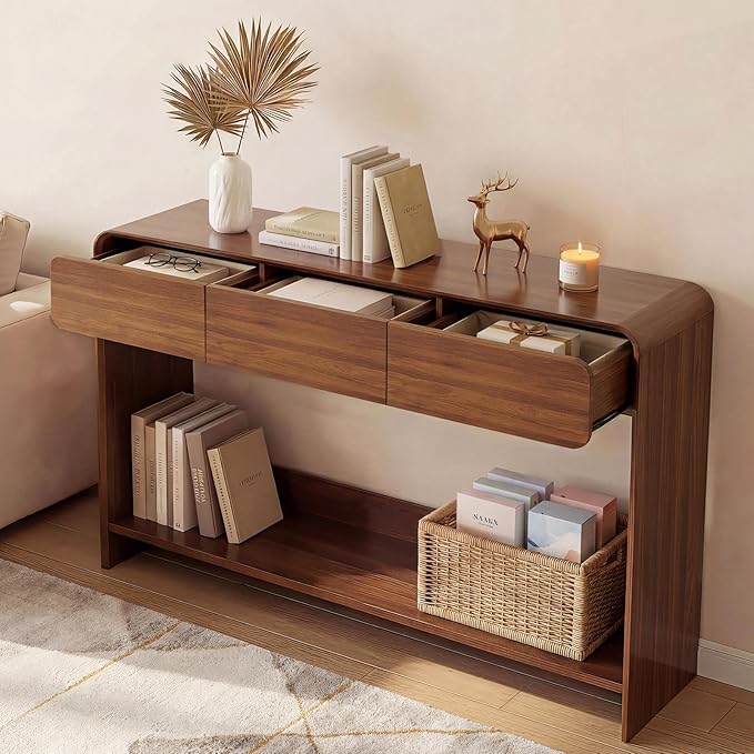 Nasonet Mid Century Modern Console Table, Entryway Table with 3 Storage Drawers, Wood Sofa Table Behind The Console Table for Entryway, Hallway, Living Room, Walnut