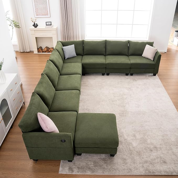150.4" Large Sectional Couches for Living Room, 8 Seater L Shaped Modular Sectional Sofa with Storage Ottoman & USB, Oversized Corner Couch for Living Room(Green)