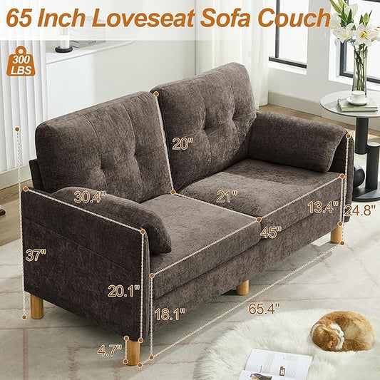 WUTUTUEE 65" Chenille Loveseat Sofa, Modern 2-Seater Love Seat Couch with Armrest Pillows, Storage Pockets, Easy Assembly, Upholstered Tufted Loveseat Couches for Living Room Bedroom, Brown