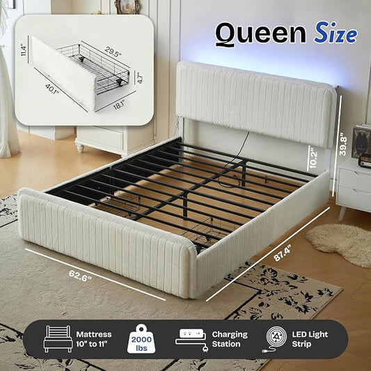Queen Bed Frame with 2 Storage Drawers & Headboard, Upholstered Platform Bed Frame Queen Size with LED Lights & Charging Station, Metal Slats Support, No Box Spring Needed, Noise Free, Easy Assembly