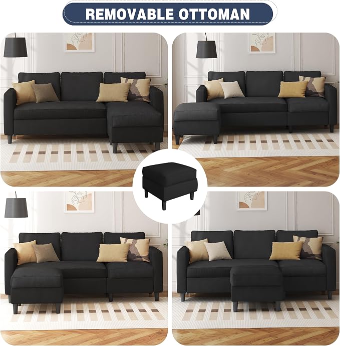 Shintenchi Modern Upholstered Sectional Sofa, L-Shaped Couch with Movable Ottoman and Reversible Chaise for Living Room, Black Corduroy Fabric