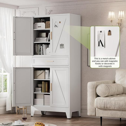 COFaR 71" Tall Kitchen Pantry, Farmhouse Storage Cabinet with Doors and Shelves, Metal Cabinet with Drawers and Legs, for Cupboard/Dining Room/Bathroom/Living Room/Office/Laundry Room (White).
