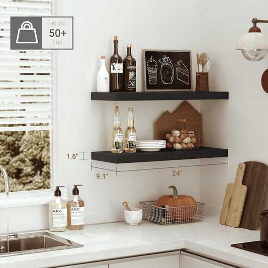 Vivelove Black Floating Shelves for Wall Mounted, 24 inchs x 9.1” Deep x 1.6” Thick Wall Shelves for Bedroom, Living Room, Bathroom,Kitchen, Office, Home Decor Shelf with Invisible Bracket - Set of 2