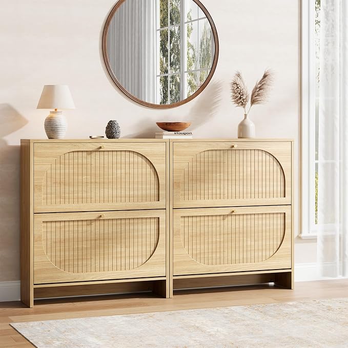 Nicetree Arch-Chic Shoe Cabinet for Entryway, Modern Mid-Century Shoe Storage Cabinet with Fluted, Narrow Shoe Rack with Adjustable Shelves & Tipping Protection, Fits Men's Size 13.5 Shoes