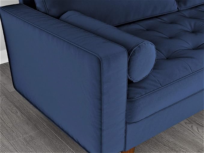 Container Furniture Direct Womble Mid Century Modern Velvet Upholstered Tufted Seat with Bolster Pillows, Loveseat, Sofa, Denim Blue