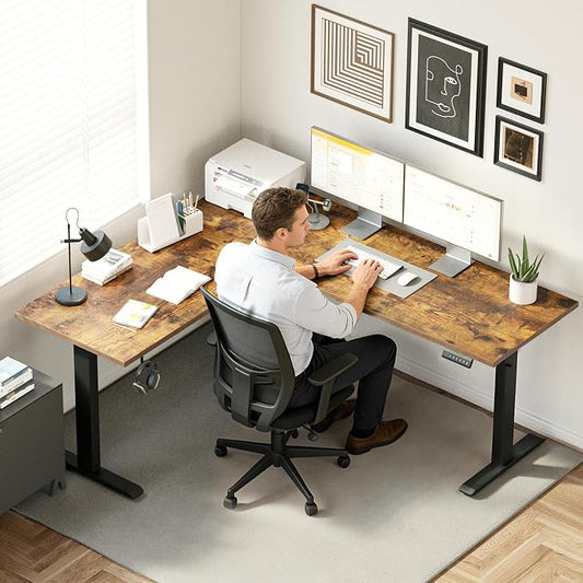 Agilestic L Shaped Standing Desk 63 x 55 inch Adjustable Height, Electric Corner Standing Desk, Sit Stand Computer Table with Splice Board, Vintage Brown