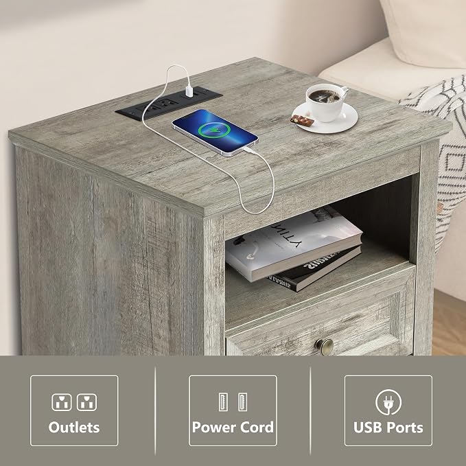 LOUVIXA Farmhouse Bedroom Sets of 4, Including 9 Drawer Dresser, 5 Drawer Dressers and Nightstand Set of 2 with Charging Station (Grey Sets, 3 Pieces-9 Drawer Dresser+2 Nightstand)