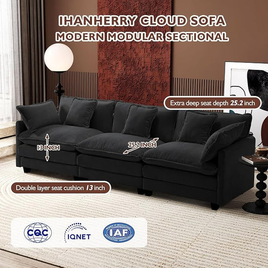 Ihanherry 111.4 Inch 3-Seater Cloud Sofa, Modular Sectional Couch, Modern Deep Seat Sofa for Living Room, Comfy Double Layer Upholstered Seat Cushion, Breathable Chenille Fabric, Black