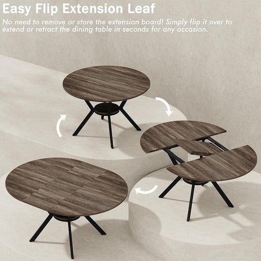 42"-58" Extendable Round Dining Table for 4-6, Kitchen Oval Table with Hidden Leaves & Storage Shelf, Space Saving Modern Design with Sturdy Metal Legs for Kitchen, Dining Room & Small Apartments